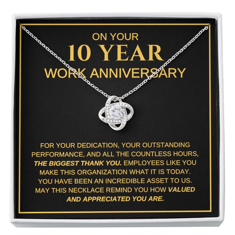 10 Year Work Anniversary Necklace Silver Plated Love Knot Standard - for Your dedication Your Outstanding Performance - Coworker Gift Work