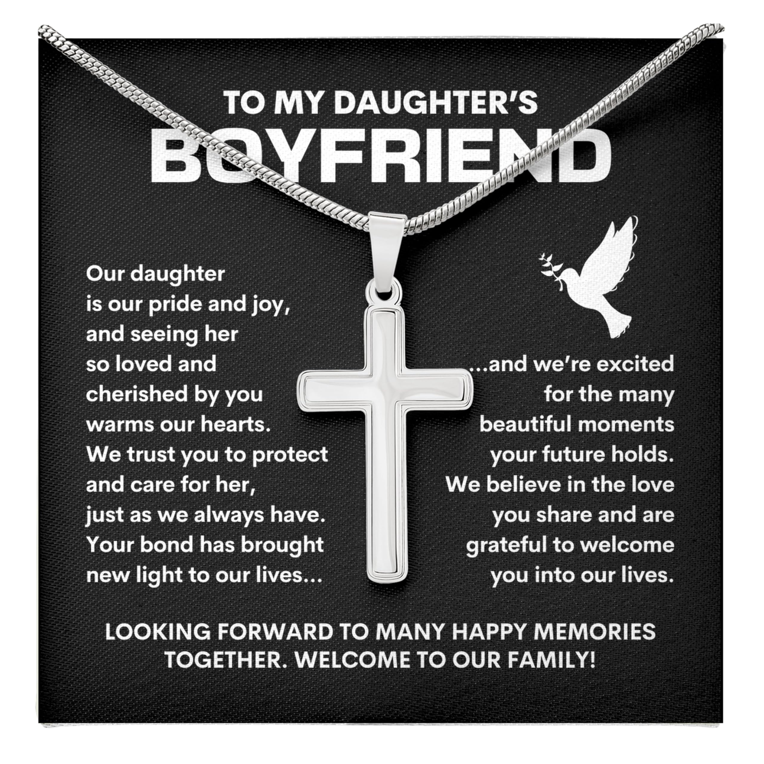LulaBerry Daughters Boyfriend Cross Necklace Message Card Box Mahogany - Our Daughter Is Our Pride And Joy - Meaningful From Parents Mom Dad Son In Law