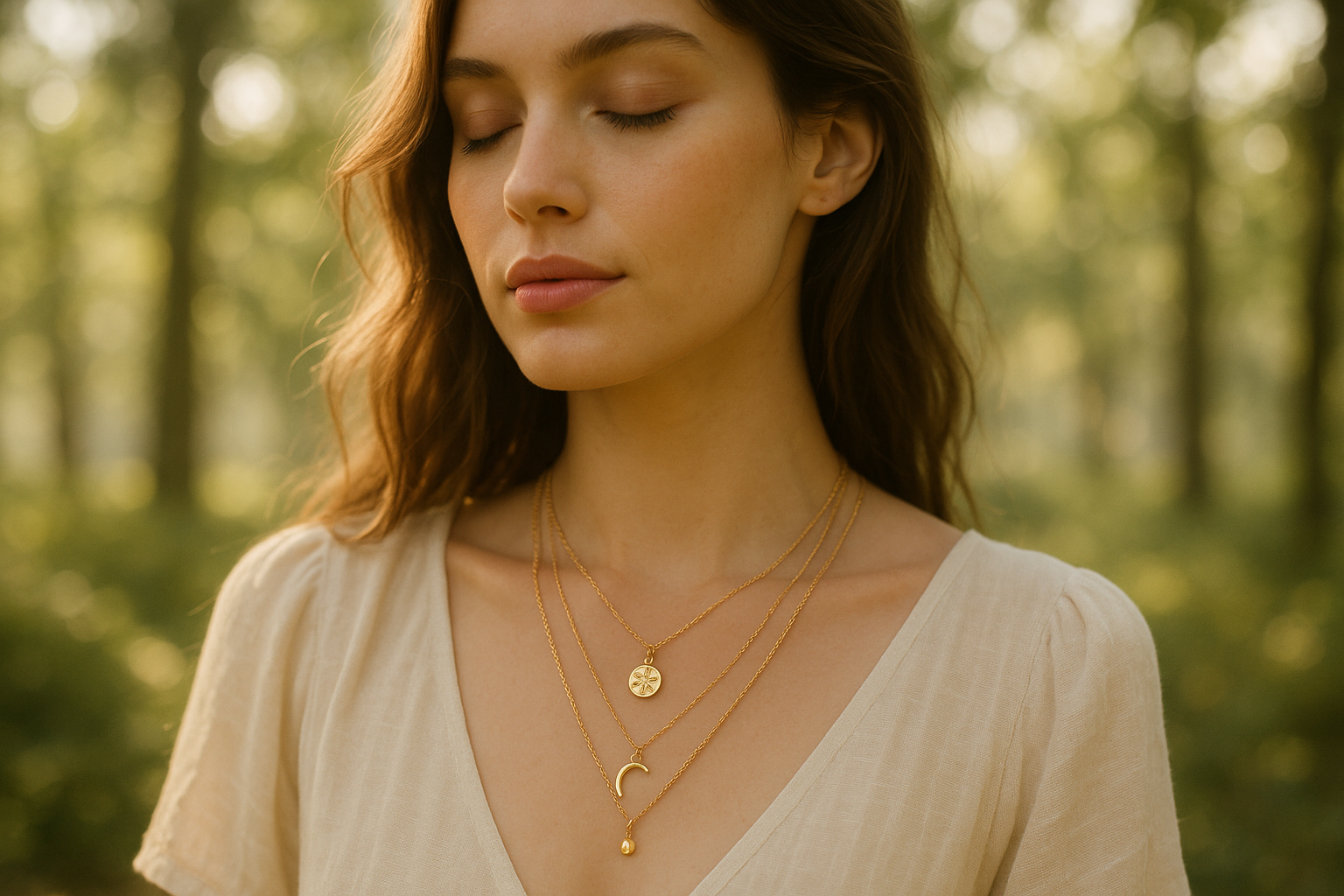 Lifestyle photo of layered necklaces